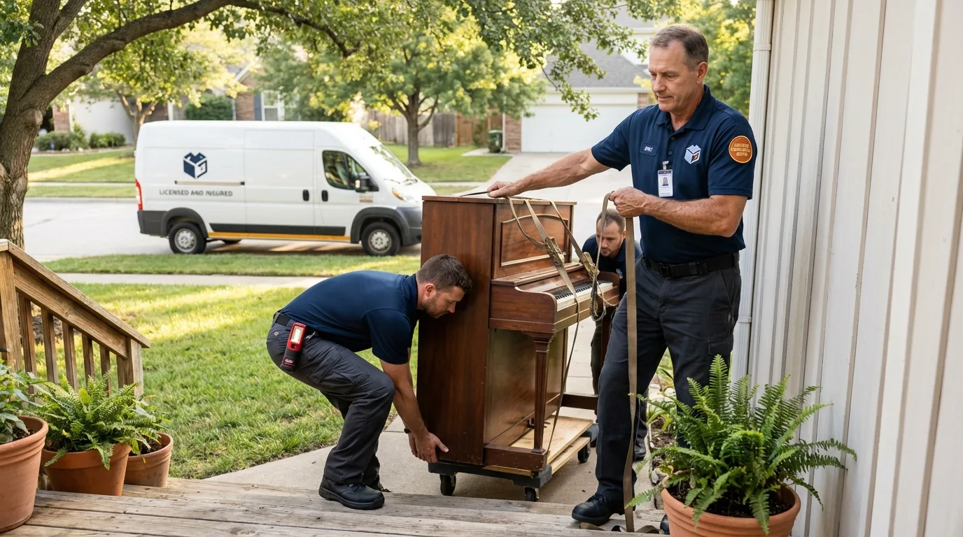 Licensed piano movers securing grand piano in Burley, ID