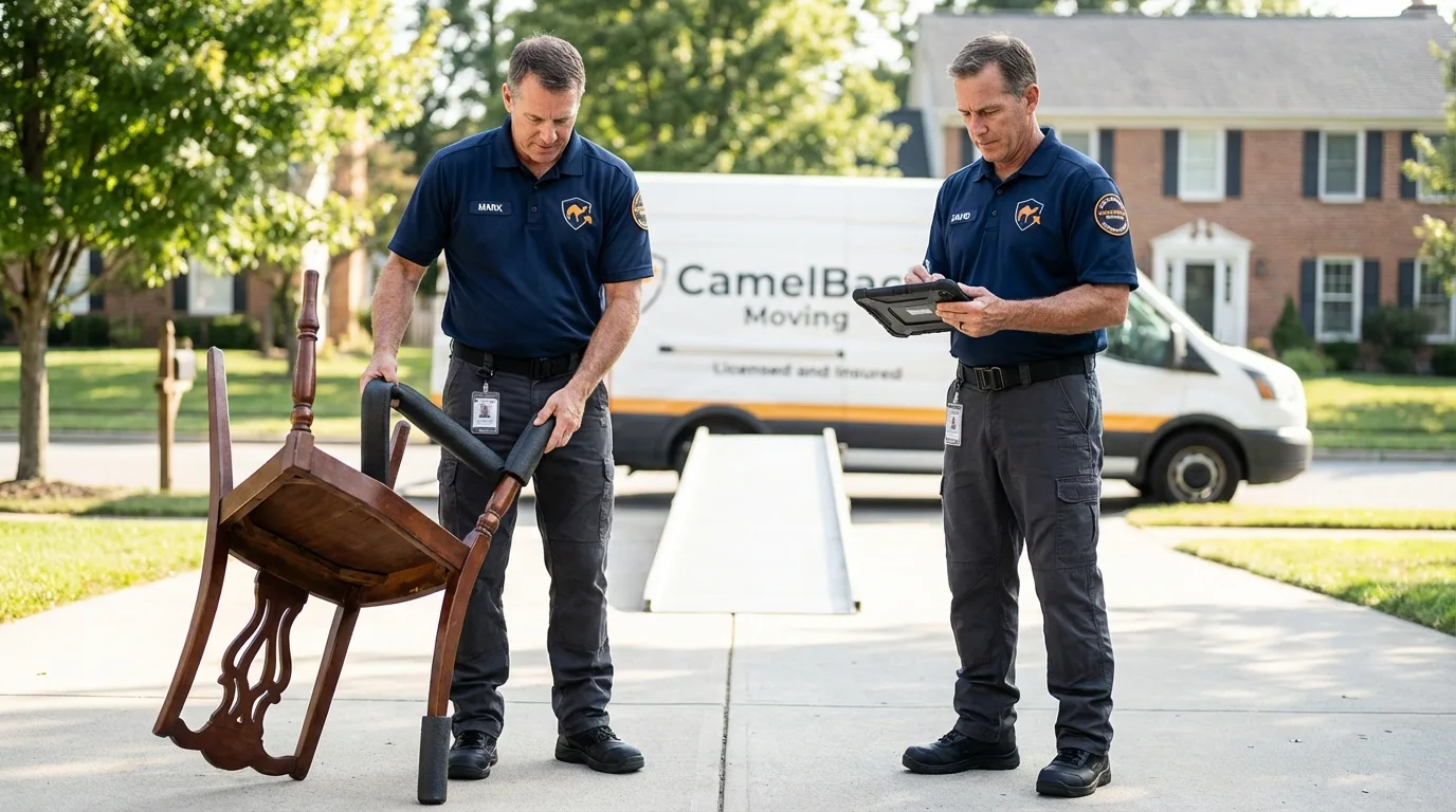 Movers inspecting furniture for damage prevention before loading in Burley, ID